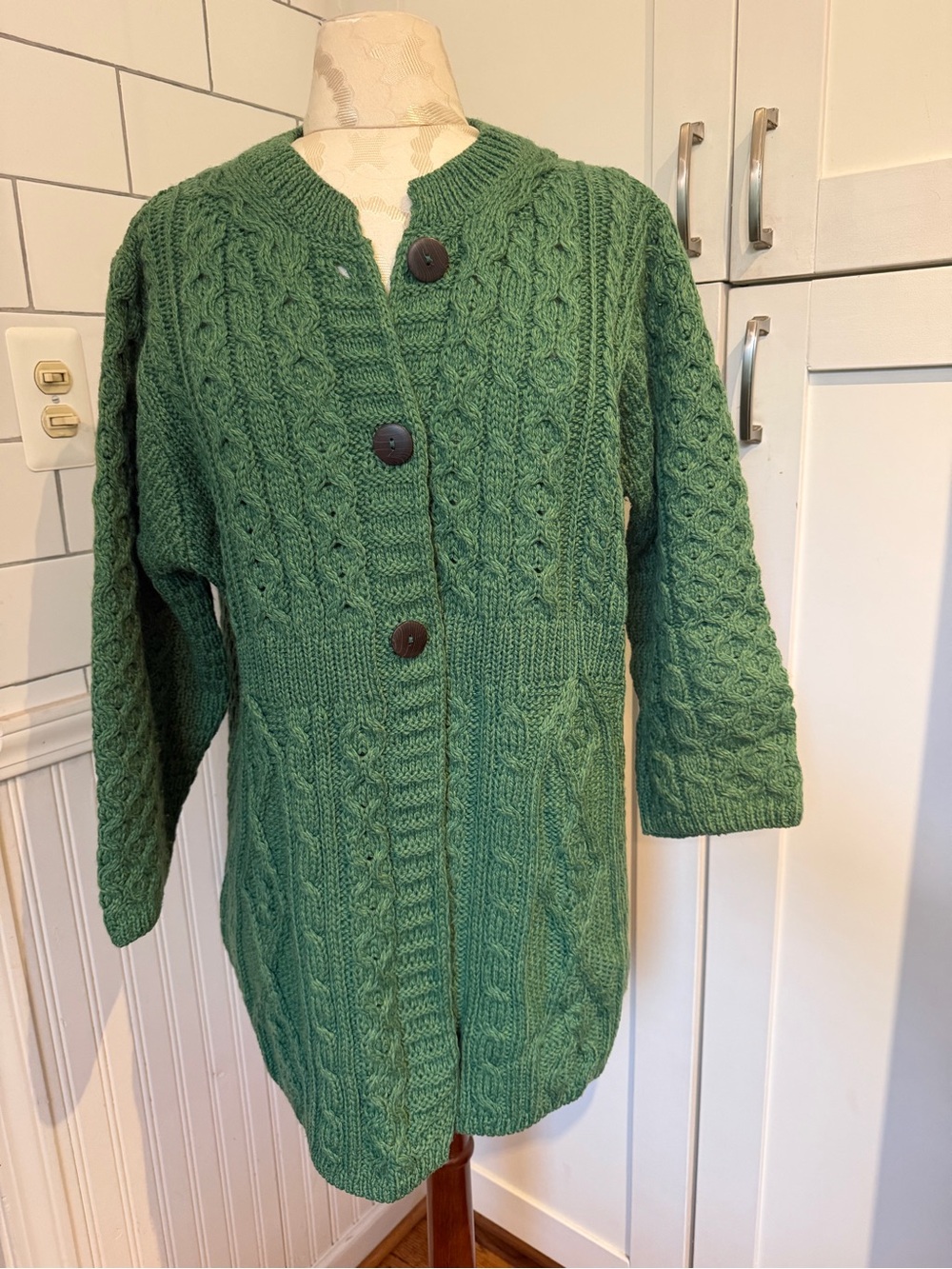 Kilronan Irish Wool Green Cable Knit Button-Front Womens Sweater- made Ireland